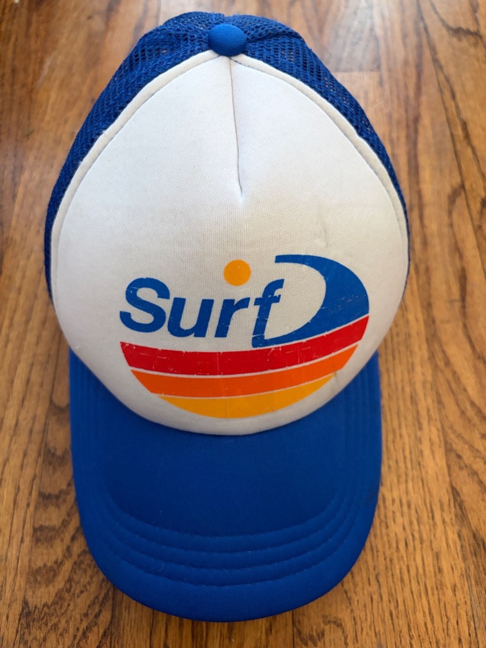 Surf D Logo Mesh Trucker Cap in Blue and White
